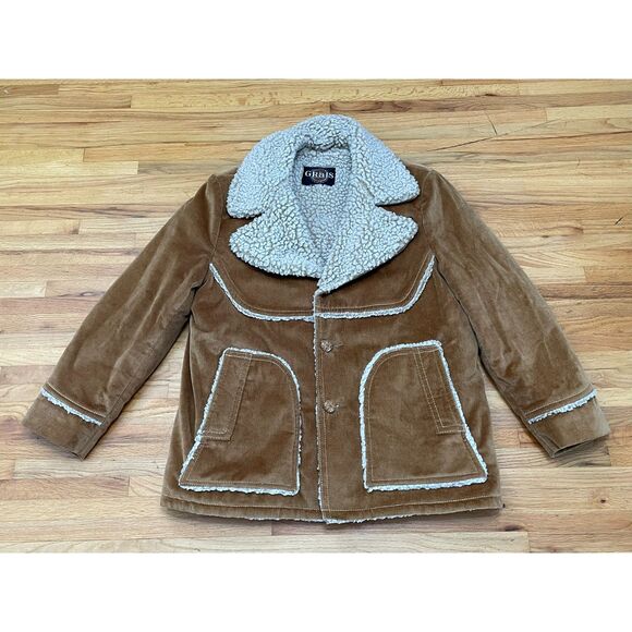 Grais Men's Coat Jacket Vintage 70s Faux Fur Sherpa Lined Corduroy XL Brown